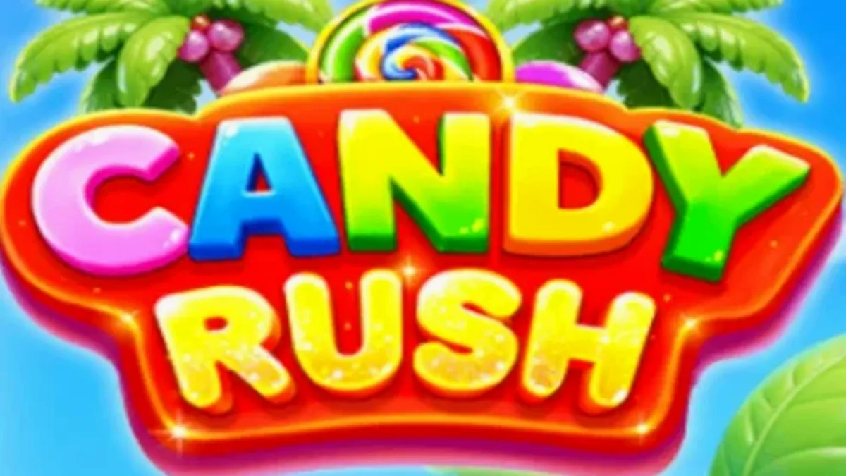Isang makulay na screenshot ng Candy Rush slot game na nagpapakita ng mga kendi na simbolo sa isang 7x7 grid sa isang tropical na background.