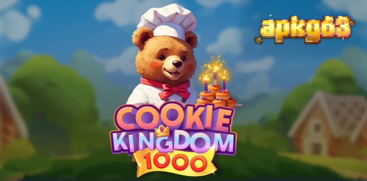 Tampilan visual ceria dari slot Cookie Kingdom 1000 dengan karakter beruang pembuat roti